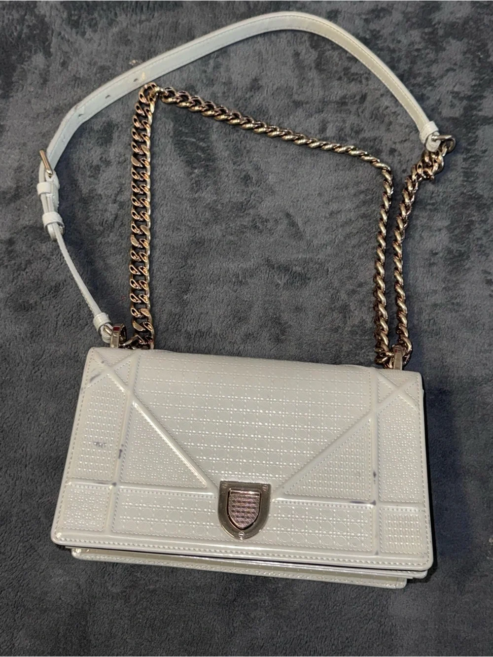 Authentic Christian Dior Diorama Medium Ivory Patent Micro Cannage Bag
